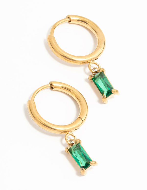 Waterproof Gold Plated Stainless Steel Green Baguette Huggie Earrings