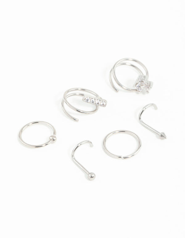 Surgical Steel Cubic Zirconia Bar & Spiral Nose Piercing 6-Pack