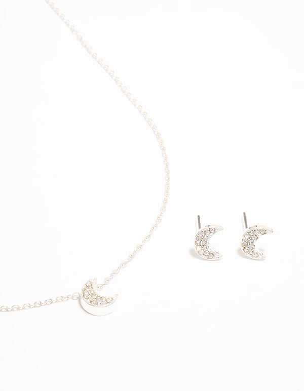 Silver Diamante Moon Necklace & Earrings Set