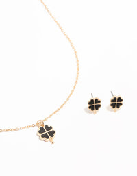 Gold Mini Black Clover Necklace & Earrings Set - link has visual effect only