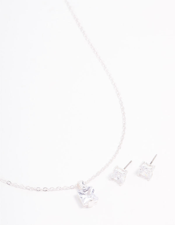 Silver Czech Bohemia Crystal Princess Cut Earrings & Necklace Set