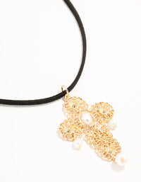 Gold Pearl Drop Cross Cord  Necklace - link has visual effect only