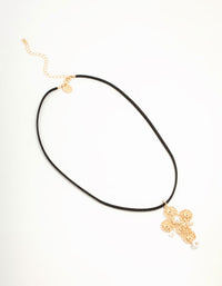 Gold Pearl Drop Cross Cord  Necklace - link has visual effect only