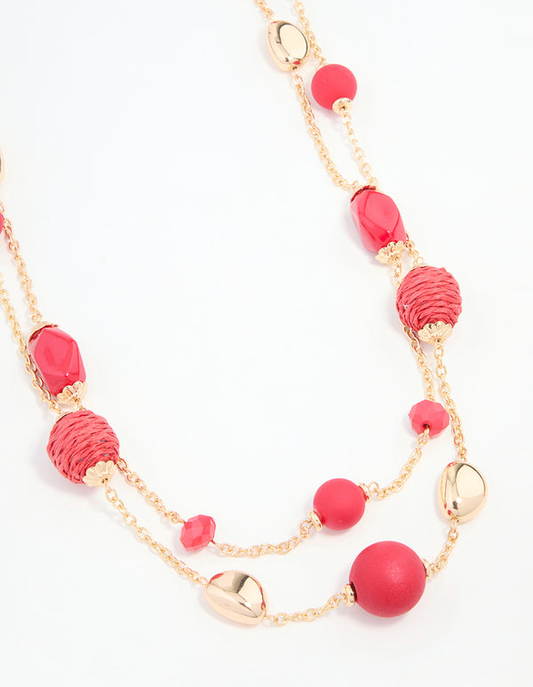 Pink Straw Beads Gold Necklace