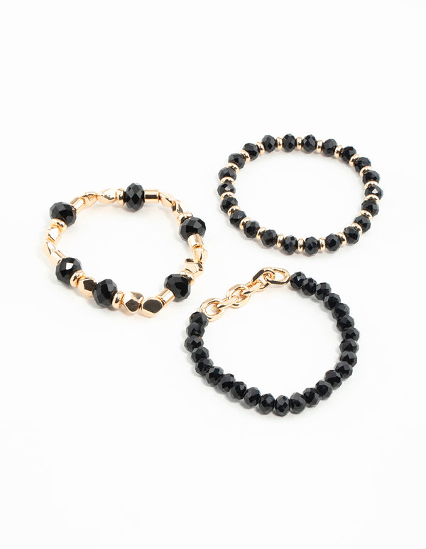 Gold & Black Faceted Bead Chain Stretch Bracelets 3-Pack