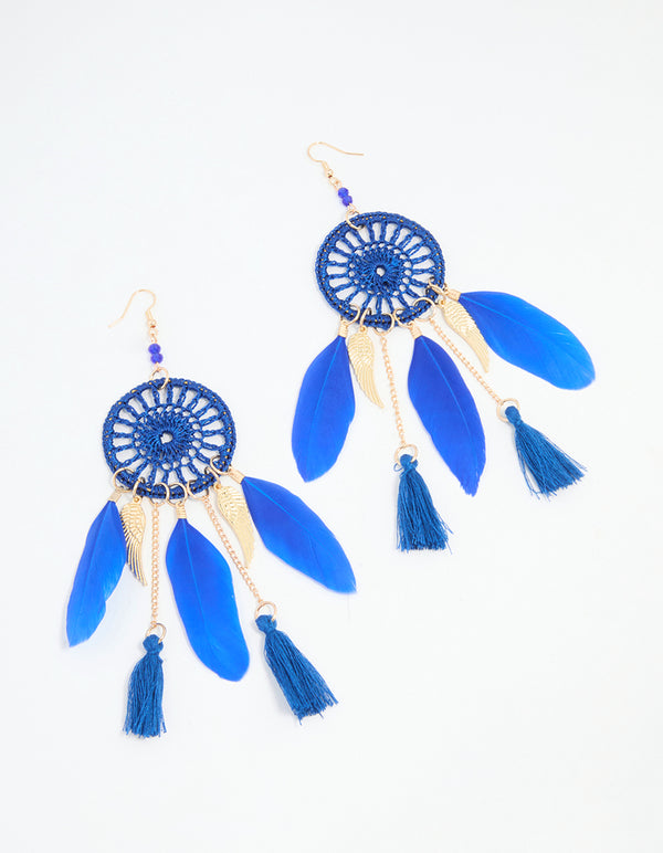 Blue Feather Dreamcatcher Drop Earrings