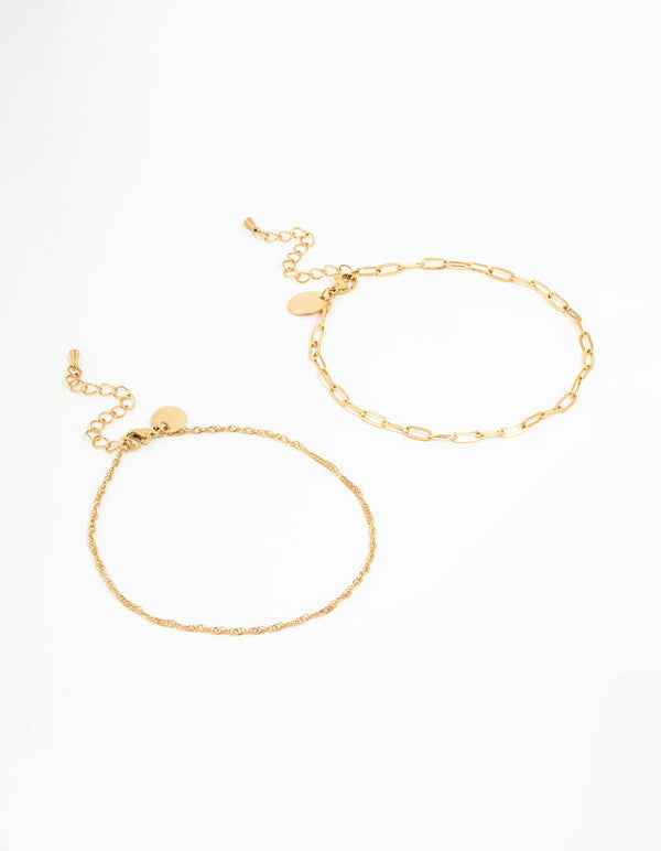 Waterproof Gold Plated Stainless Steel Mixed Chain Anklets 2-Pack