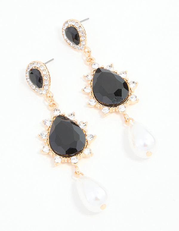 Black Diamante & Pearl Gold Drop Earrings