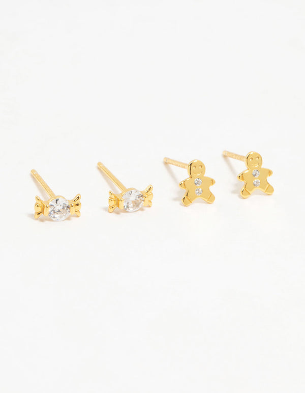 Gold Plated Sterling Silver Xmas Stud Earrings 2-Pack