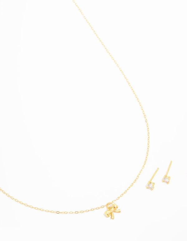 Gold Plated Sterling Silver Bow Necklace & Cubic Zirconia Studs Set