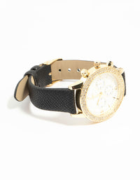 Black PU Leather & Diamante Mechanical Watch - link has visual effect only