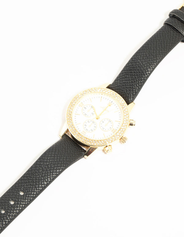 Black PU Leather & Diamante Mechanical Watch