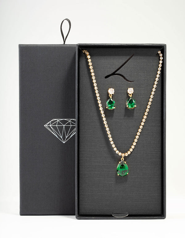 Gold Plated Emerald Diamante Tennis Necklace Earrings Set Lovisa