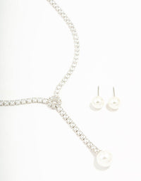 Silver Cubic Zirconia Pearl Y-Necklace & Earrings Set - link has visual effect only