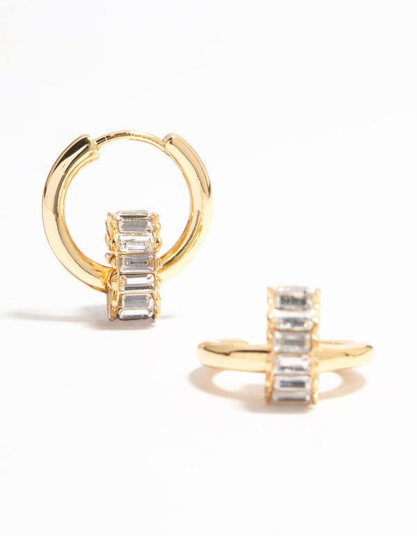 Gold Plated Baguette Cut Diamante Ring Huggie Earrings