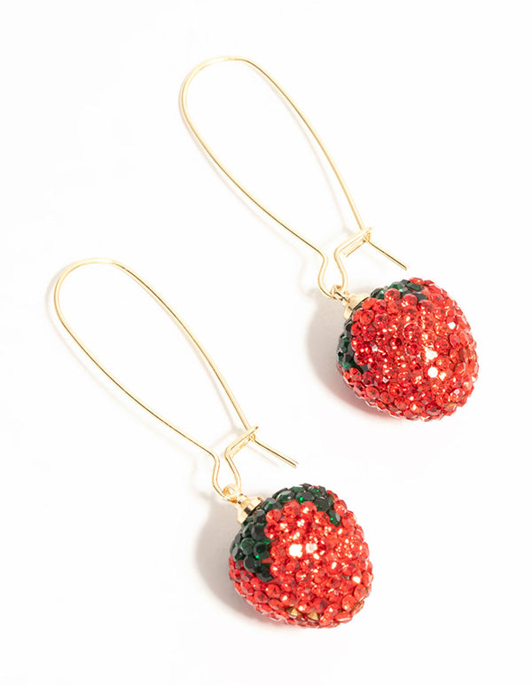 Gold Red Diamante Strawberry Drop Earrings