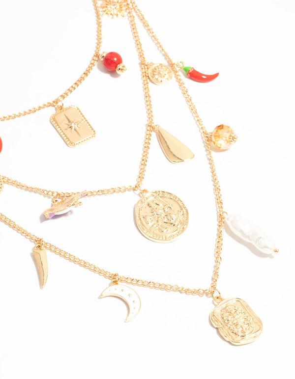 Gold Chilli & Disc Charm Necklace