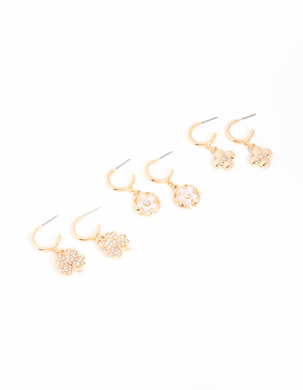 Gold Flower & Clover Earrings 3-Pack