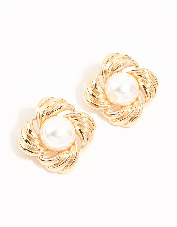 Gold Ribbed & Pearl Vintage Stud Earrings