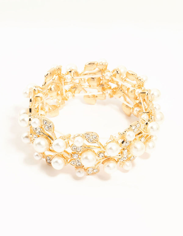 Gold Diamante Flower & Pearls Stretch Bracelet