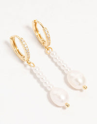 Gold Plated Pearl & Cubic Zirconia Huggie Drop Earrings - link has visual effect only