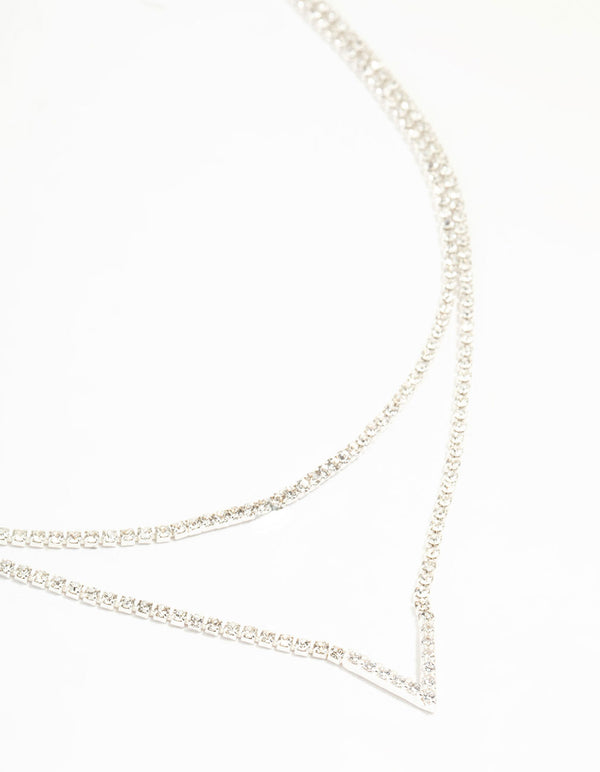 Silver Plated Cubic Zirconia Layered V Necklace