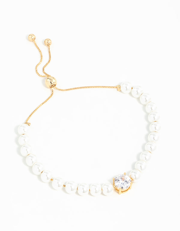 Gold Plated Pearl & Cubic Zirconia Toggle Bracelet