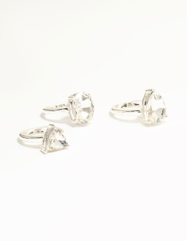 Silver & Mixed Shape Diamante Rings 3-Pack