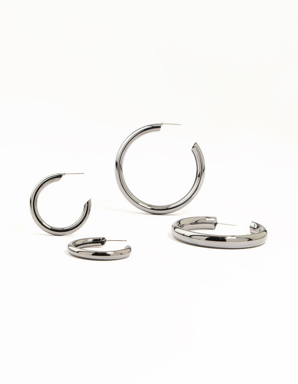 Gunmetal Thick Hoop Earrings 2 Pack