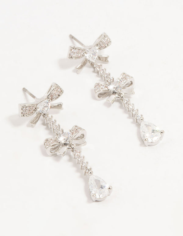 Silver Plated Cubic Zirconia Bow Drop Earrings