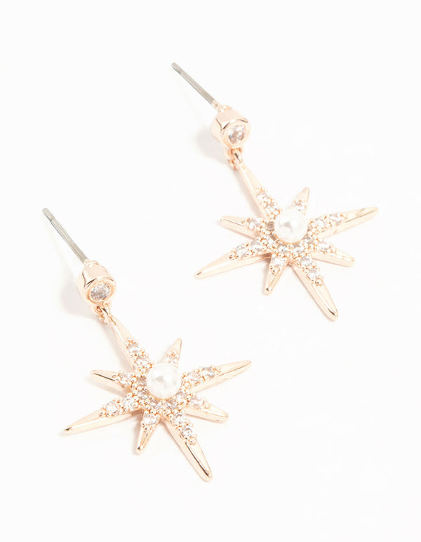 Rose Gold Plated Star Crystal Pearl Drop Earrings