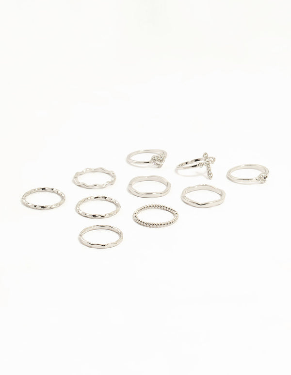 Silver Gothic Cross & Twisted Stacking Rings 12-Pack