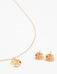 Gold Rosette Necklace and Stud Earrings Set - link has visual effect only