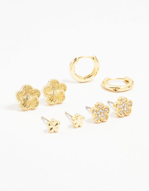 Gold Plated Brass Mini Clover Earrings 4-Pack