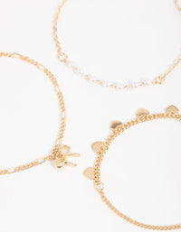 Gold Diamante Pearl Bow & Heart Bracelets 3-Pack - link has visual effect only