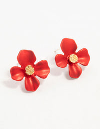 Gold Red Pearlised Flower Stud Earrings - link has visual effect only