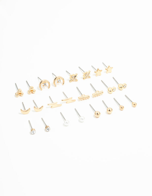 Gold Moon & Star Stud Earrings 12-Pack