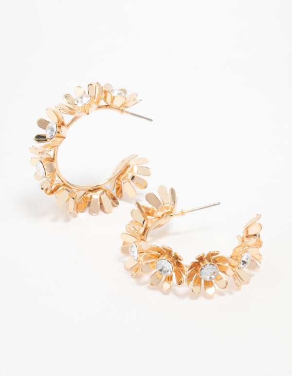 Gold Diamante Flower Hoop Earrings