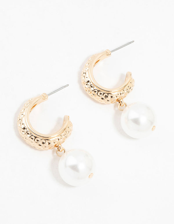 Gold Textured Pearl Drop Earrings