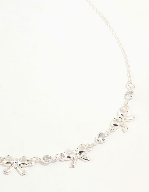 Silver Diamante Bow Station Necklace