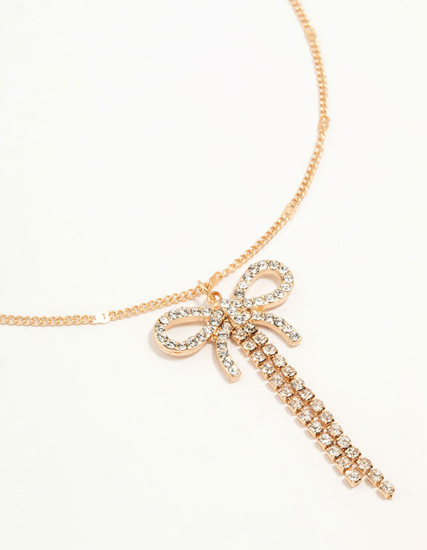 Gold Diamante Bow Drop Necklace