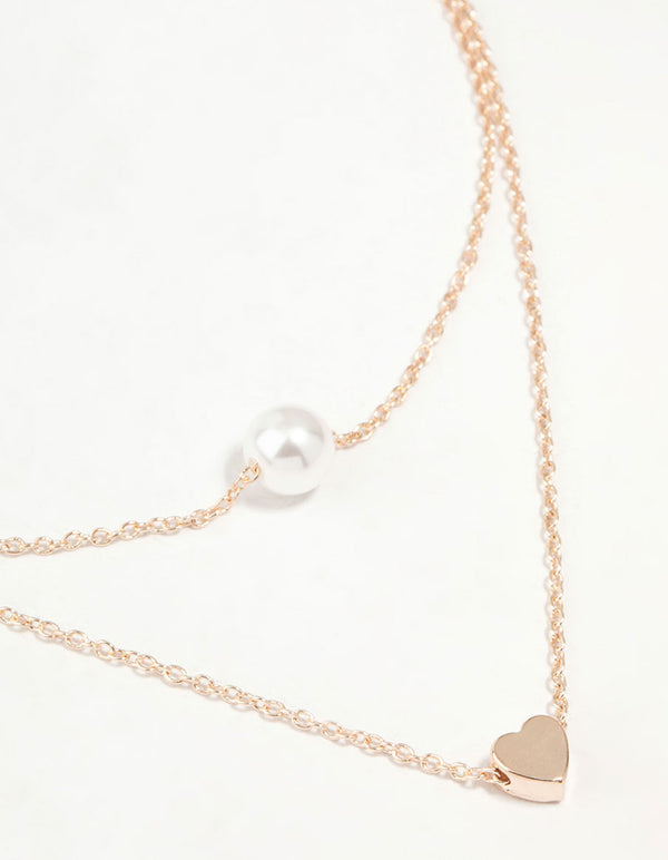 Rose Gold Pearl Heart Layered Necklace