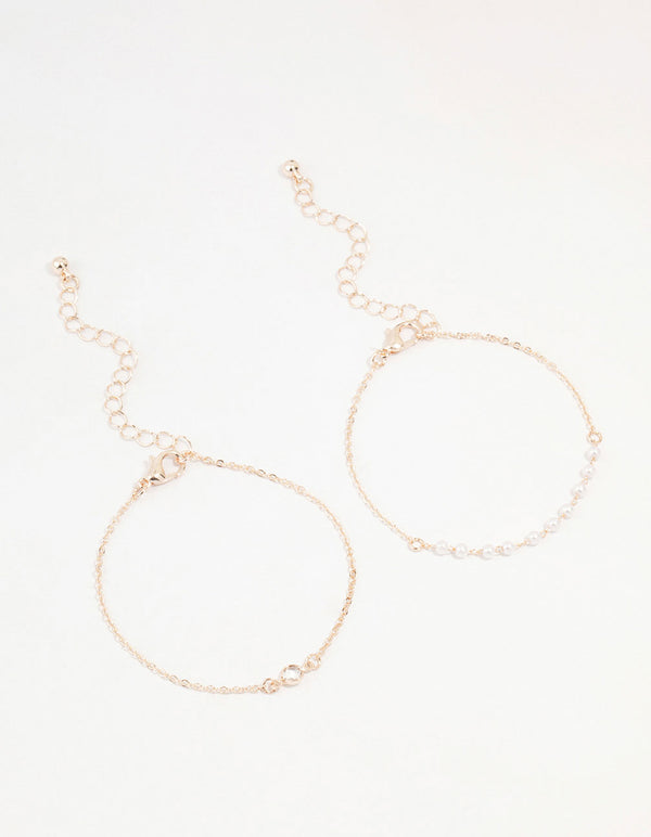 Rose Gold & Pearl Station Diamante Bracelets 2-Pack