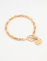 Gold Pearl & Disc Pendant Chain Bracelet - link has visual effect only