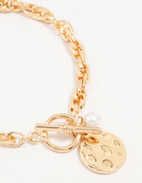 Gold Pearl & Disc Pendant Chain Bracelet - link has visual effect only