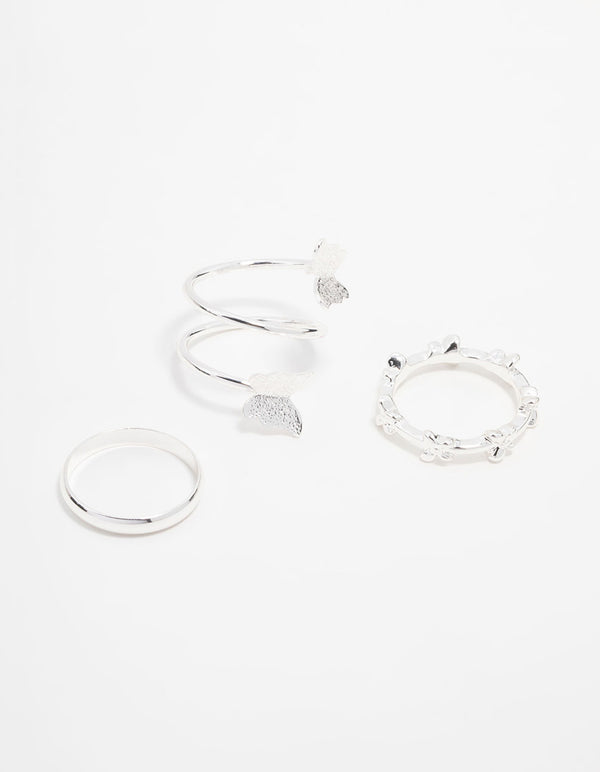 Silver Butterfly & Smooth Stacking Rings 3-Pack