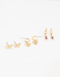 Gold Plated Cubic Zirconia Butterfly & Bow Earrings 3-Pack - link has visual effect only