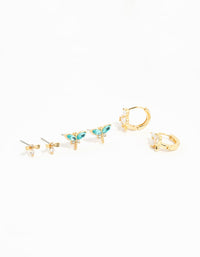 Gold Plated Blue Cubic Zirconia Butterfly & Bow Earrings 3-Pack - link has visual effect only