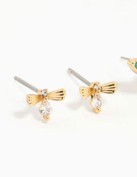 Gold Plated Blue Cubic Zirconia Butterfly & Bow Earrings 3-Pack - link has visual effect only