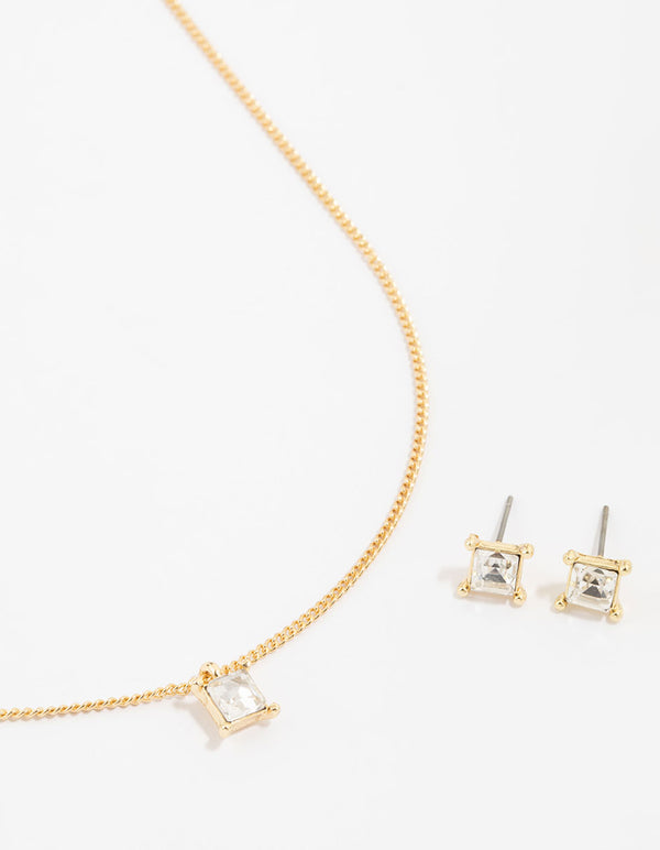 Gold Plated Diamante Square Necklace & Earrings Set